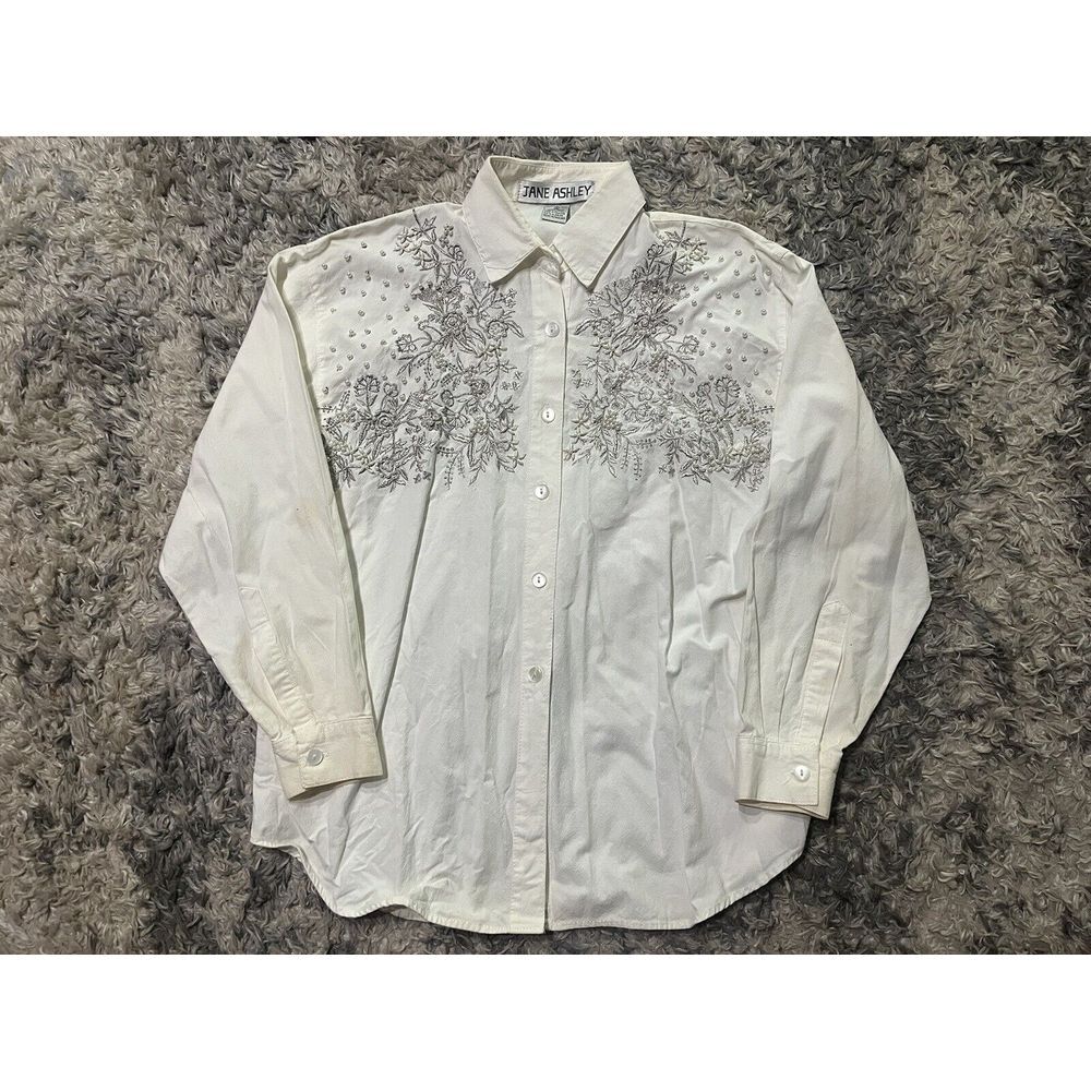 Jane Ashley White Blouse with Gray Floral Design